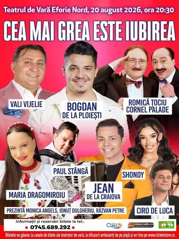 Show total la Teatrul de Vară Eforie Nord: Bogdan de la Ploiești, Vali Vijelie și Romică Țociu urcă pe scenă în spectacolul „Cea mai grea este iubirea”