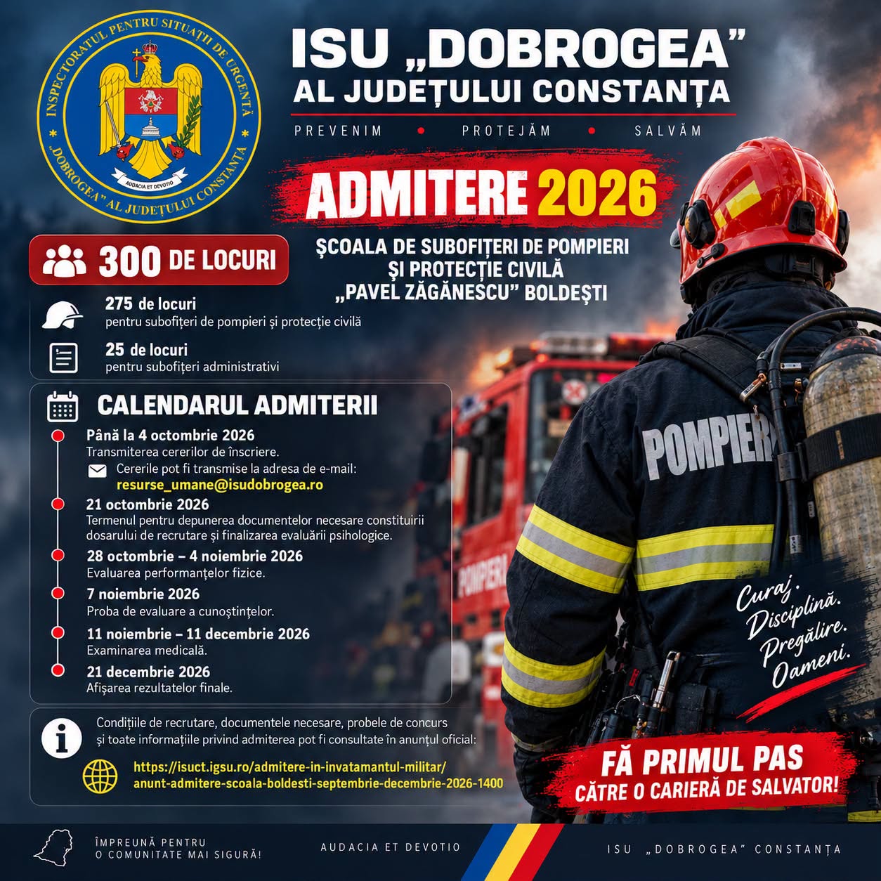 Concurs de admitere la Școala de Pompieri din Boldești 2026